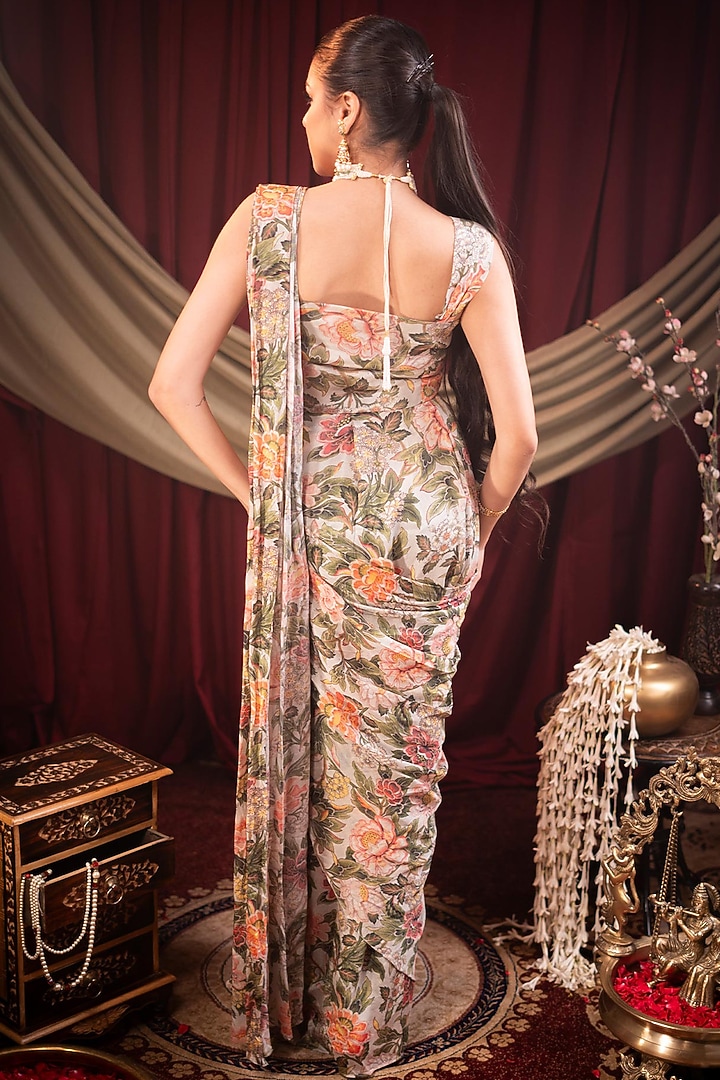 Ivory Chiffon Printed Pre-Stitched Skirt Party Wear Saree Set by SAINY GARG COUTURE at Pernia's Pop Up Shop