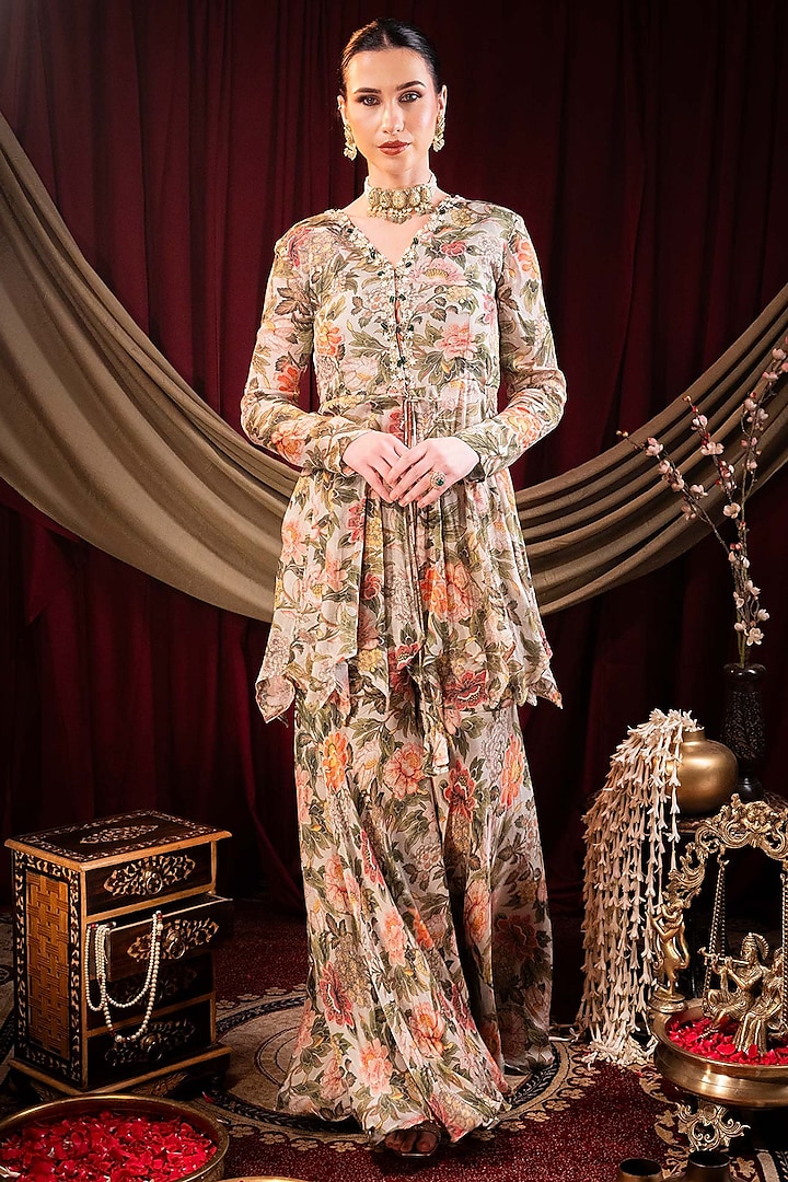 Ivory Chiffon Printed & Pearl Hand Embroidered Sharara Set by SAINY GARG COUTURE at Pernia's Pop Up Shop