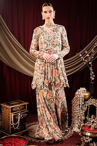 Ivory Chiffon Printed & Pearl Hand Embroidered Sharara Set by SAINY GARG COUTURE
