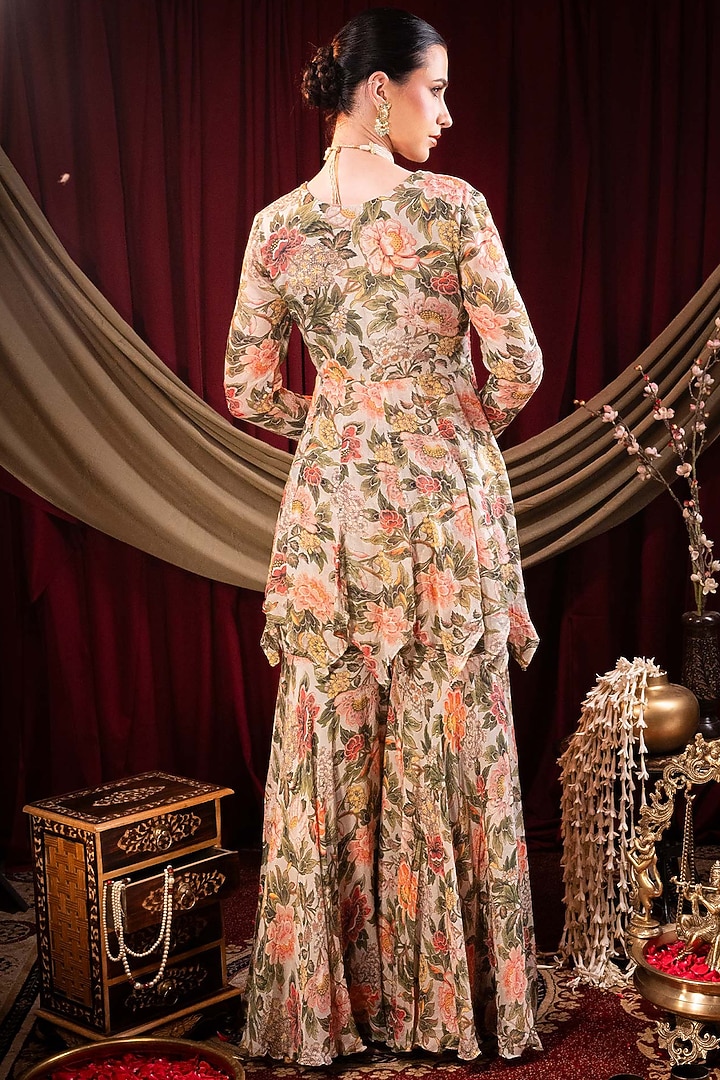Ivory Chiffon Printed & Pearl Hand Embroidered Party Wear Sharara Set by SAINY GARG COUTURE at Pernia's Pop Up Shop