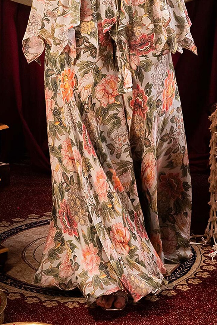 Ivory Chiffon Printed & Pearl Hand Embroidered Party Wear Sharara Set by SAINY GARG COUTURE at Pernia's Pop Up Shop