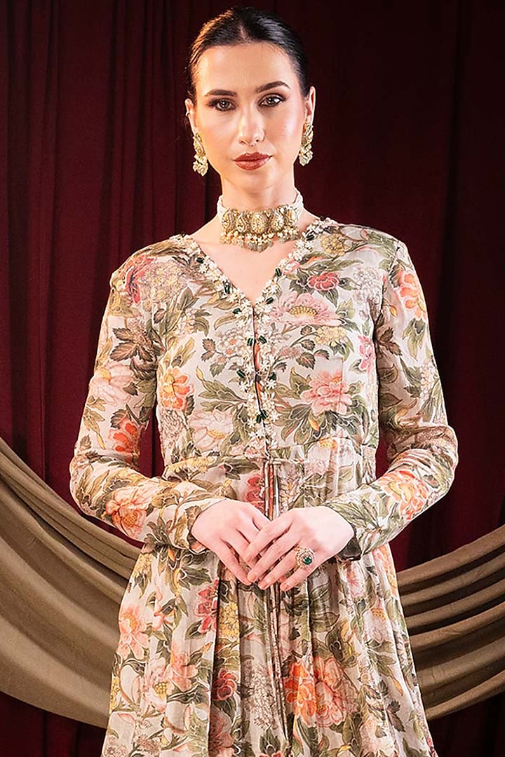 Ivory Chiffon Printed & Pearl Hand Embroidered Party Wear Sharara Set by SAINY GARG COUTURE at Pernia's Pop Up Shop