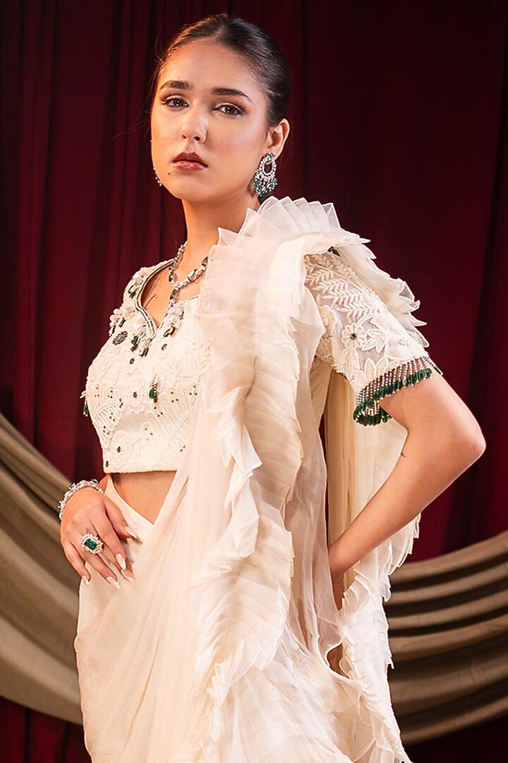 Ivory Pure Chiffon Pre-Stitched Ruffled Wedding Saree Set by SAINY GARG COUTURE at Pernia's Pop Up Shop
