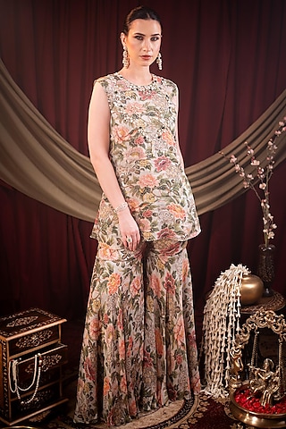 Ivory Chiffon Printed & Cutdana Embroidered Sharara Set by SAINY GARG COUTURE