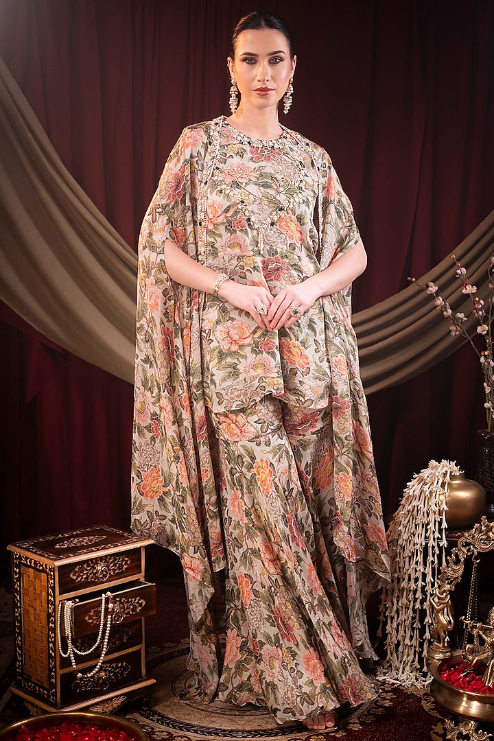 Ivory Chiffon Printed & Cutdana Embroidered Sharara Set by SAINY GARG COUTURE at Pernia's Pop Up Shop