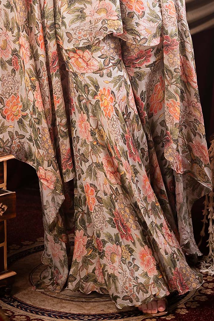 Ivory Chiffon Printed & Cutdana Embroidered Party Wear Sharara Set by SAINY GARG COUTURE at Pernia's Pop Up Shop