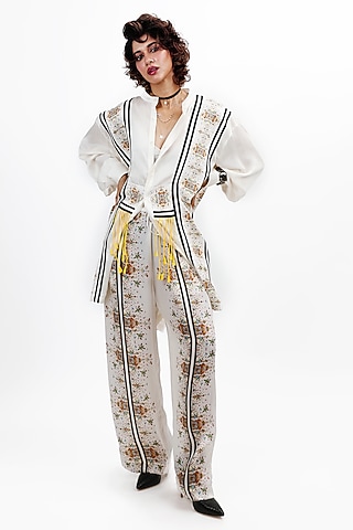 Off White Silk Striped Co-Ord Set by SAIM