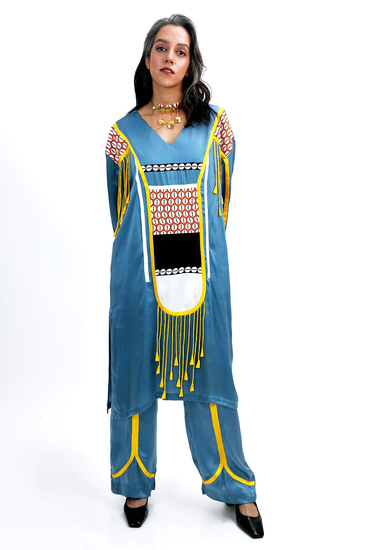SAIM Denim Blue Silk Logo Printed Kurta Set