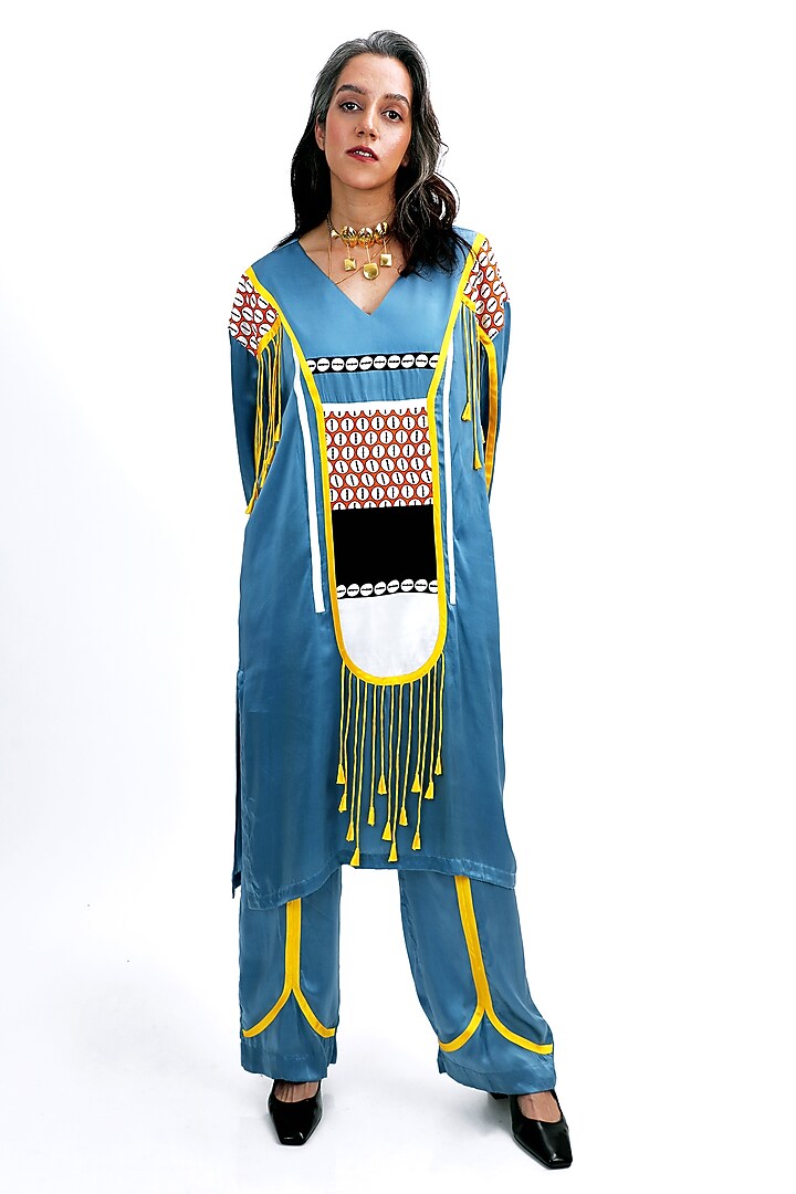 Denim Blue Silk Logo Printed Kurta Set by SAIM at Pernia's Pop Up Shop