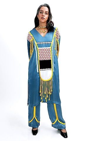 Denim Blue Silk Logo Printed Kurta Set by SAIM