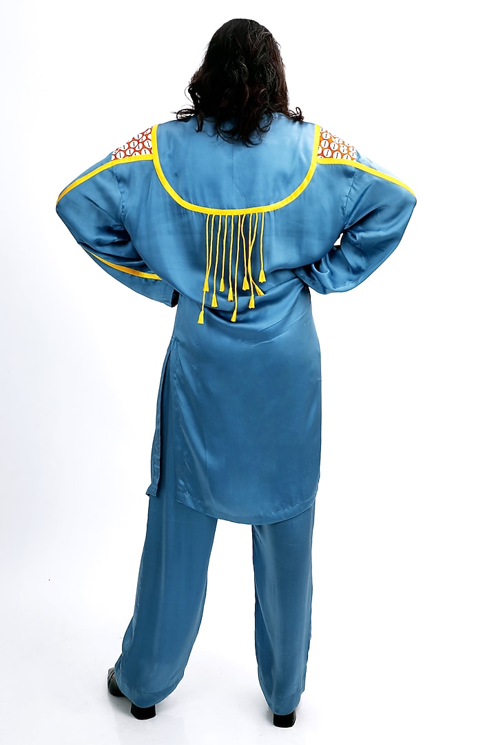 Denim Blue Silk Logo Printed Kurta Set by SAIM at Pernia's Pop Up Shop