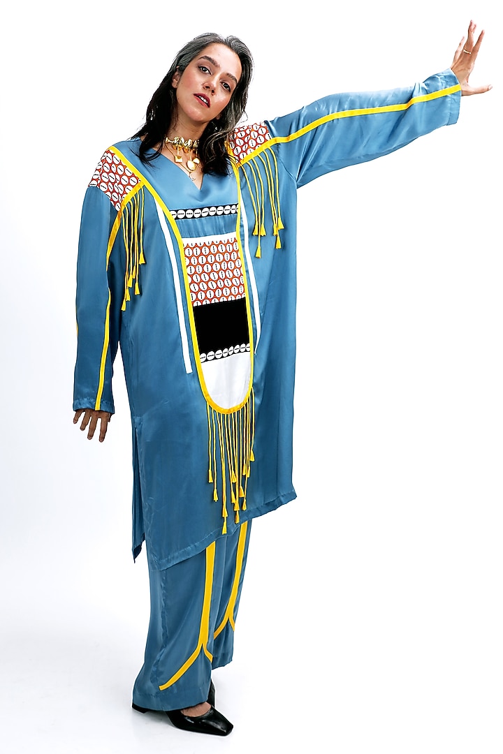 Denim Blue Silk Logo Printed Kurta Set by SAIM at Pernia's Pop Up Shop