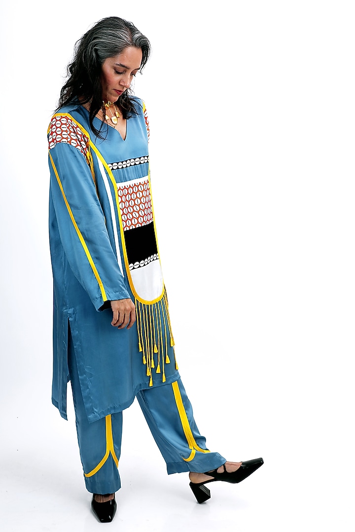 Denim Blue Silk Logo Printed Kurta Set by SAIM at Pernia's Pop Up Shop