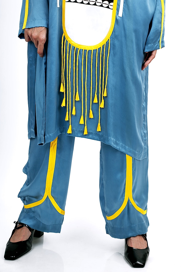 Denim Blue Silk Logo Printed Kurta Set by SAIM at Pernia's Pop Up Shop