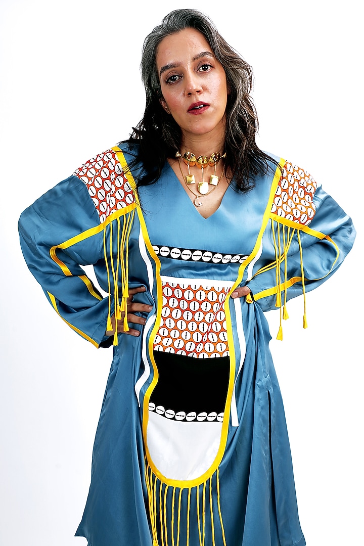 Denim Blue Silk Logo Printed Kurta Set by SAIM at Pernia's Pop Up Shop