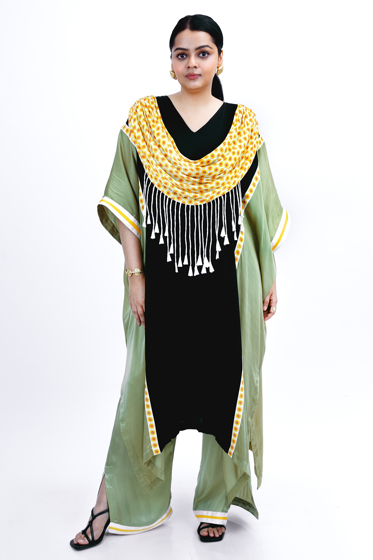 SAIM Jade Green & Black Silk Printed Draped Kurta Set