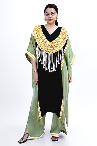 Jade Green & Black Silk Printed Draped Kurta Set by SAIM