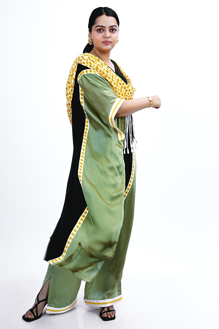 Jade Green & Black Silk Printed Draped Kurta Set by SAIM at Pernia's Pop Up Shop