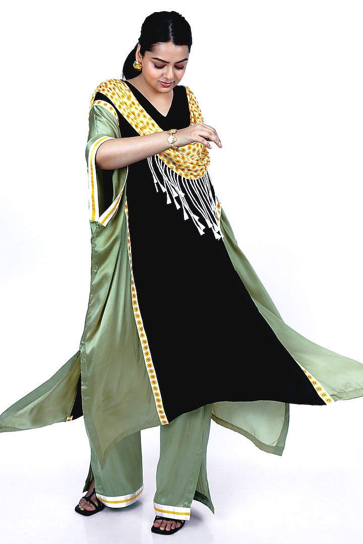 Jade Green & Black Silk Printed Draped Kurta Set by SAIM at Pernia's Pop Up Shop