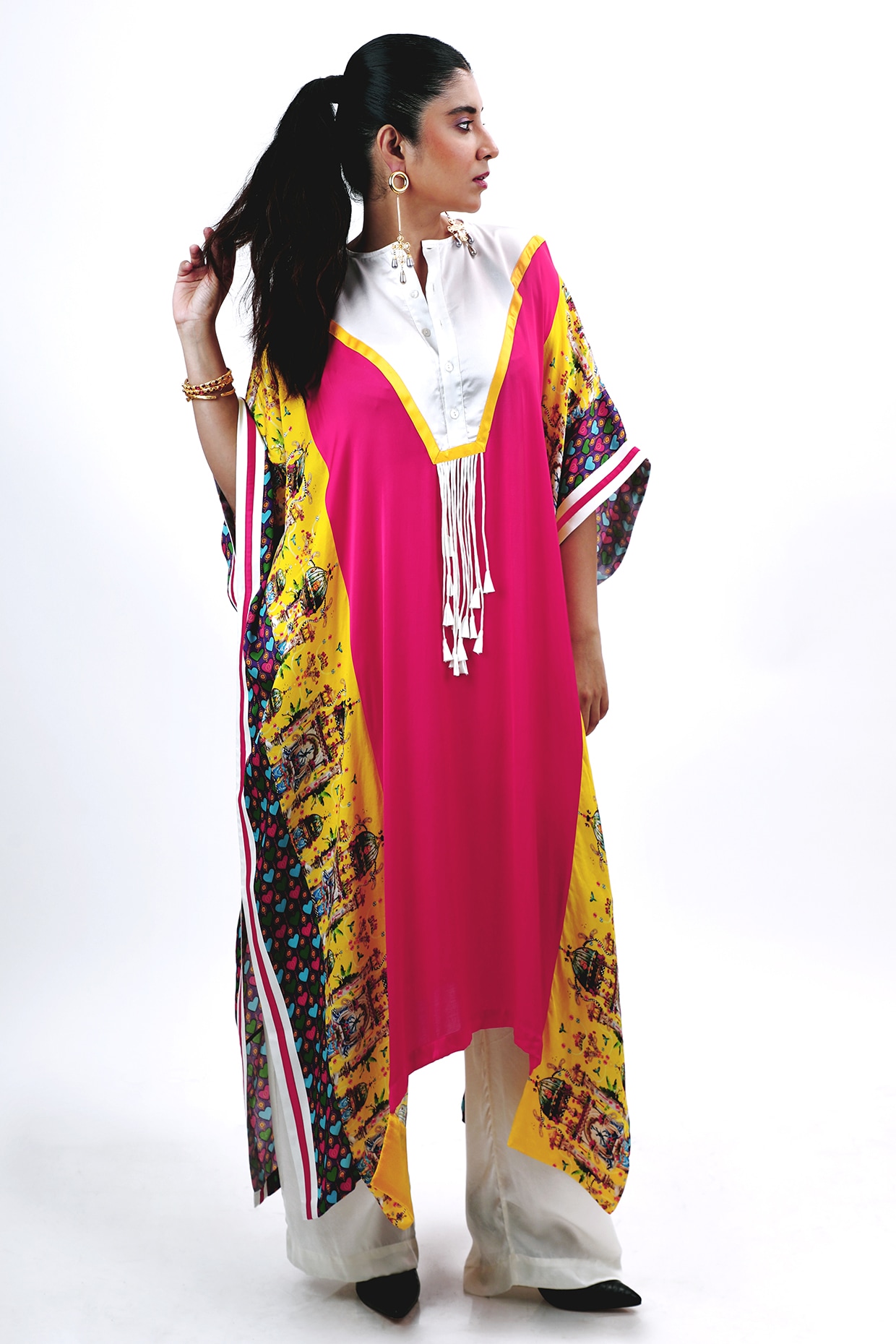 SAIM Fuschia Pink & Off White Silk Heart Printed Kaftan Set