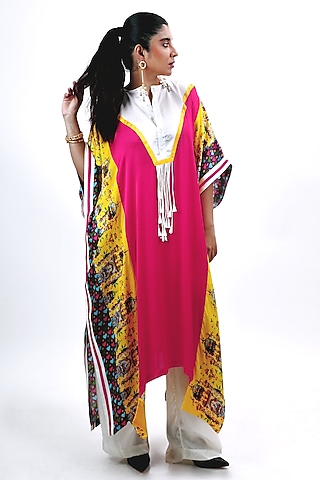 Fuschia Pink & Off White Silk Heart Printed Kaftan Set by SAIM