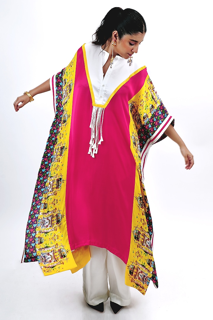 Fuschia Pink & Off White Silk Heart Printed Kaftan Set by SAIM at Pernia's Pop Up Shop