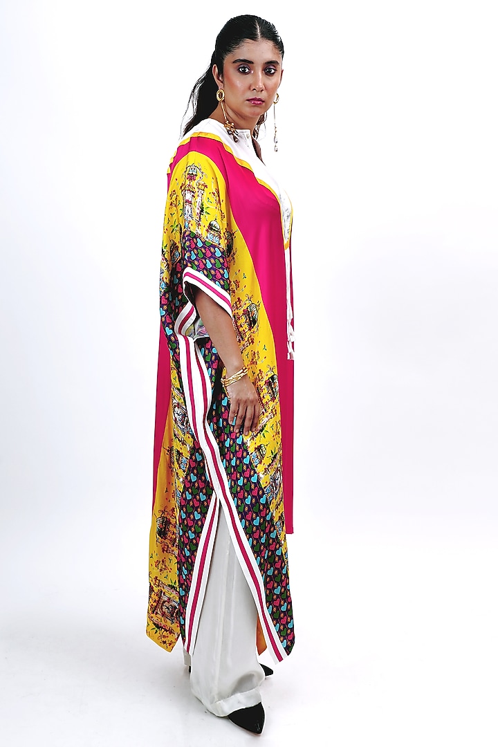 Fuschia Pink & Off White Silk Heart Printed Kaftan Set by SAIM at Pernia's Pop Up Shop