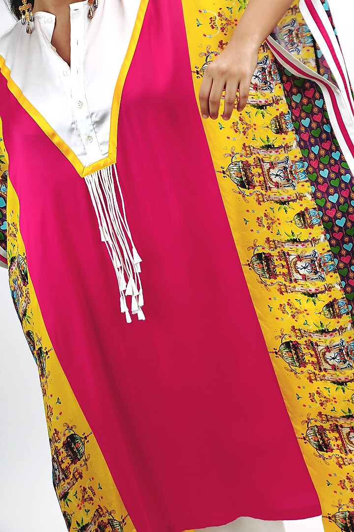 Fuschia Pink & Off White Silk Heart Printed Kaftan Set by SAIM at Pernia's Pop Up Shop