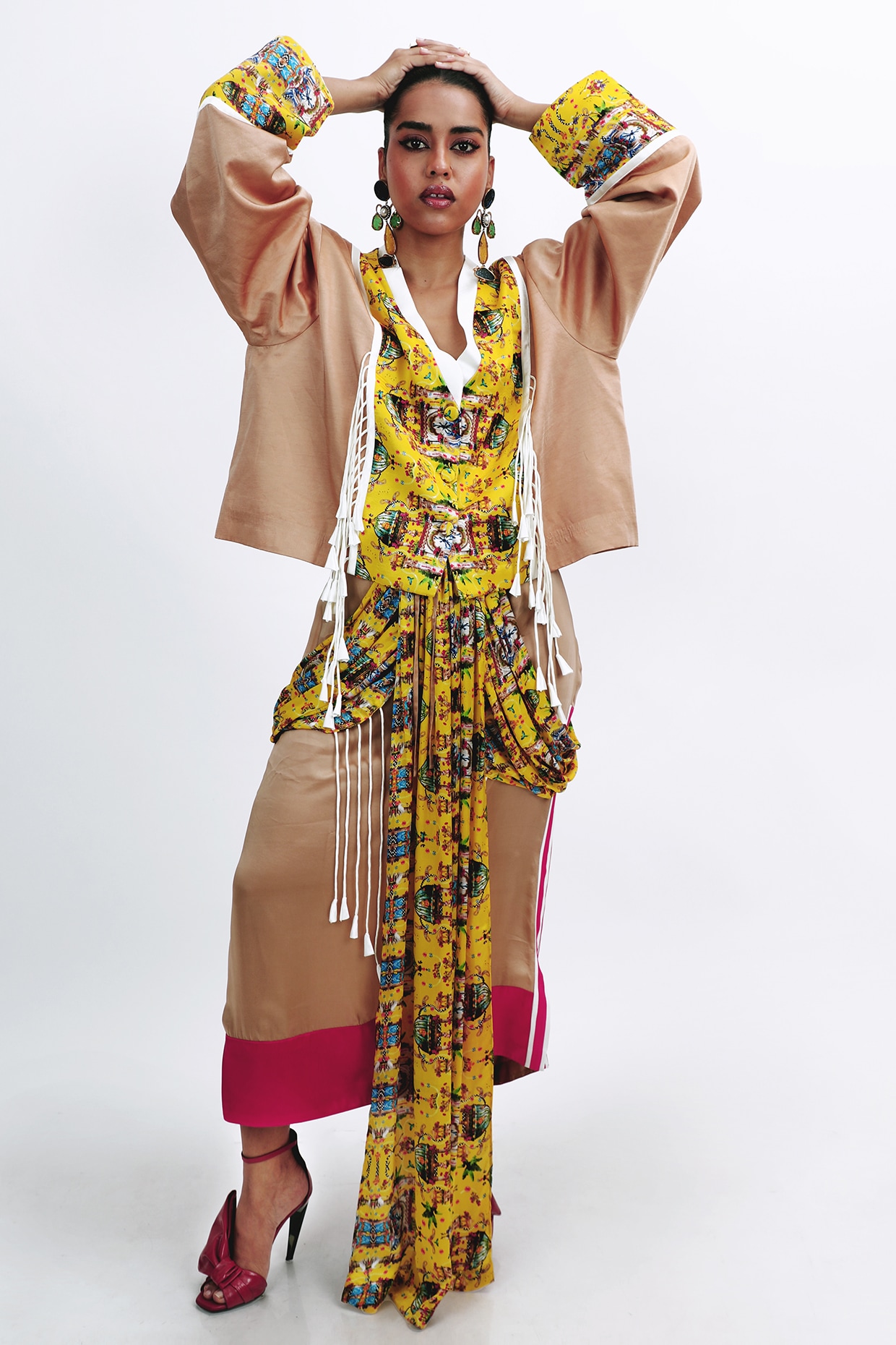 SAIM Camel Brown Silk Monument Printed Jacket Set
