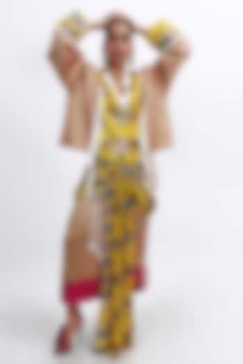 Camel Brown Silk Monument Printed Jacket Set by SAIM at Pernia's Pop Up Shop