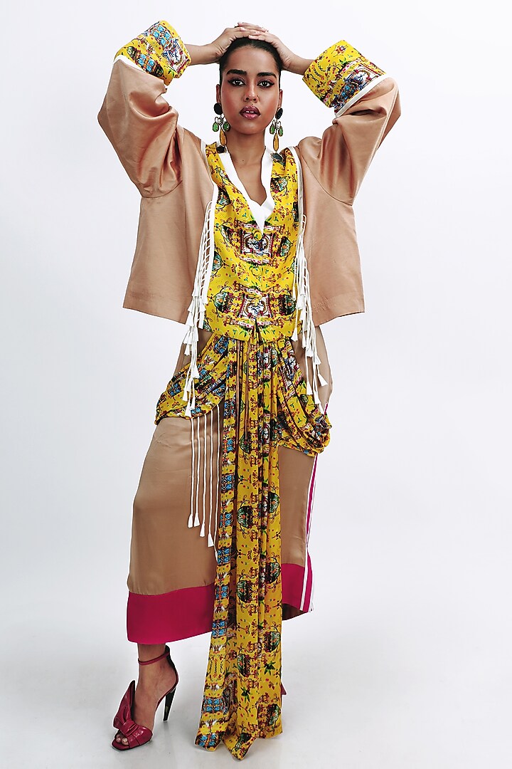 Camel Brown Silk Monument Printed Jacket Set by SAIM at Pernia's Pop Up Shop