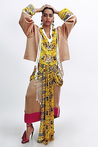 Camel Brown Silk Monument Printed Jacket Set by SAIM