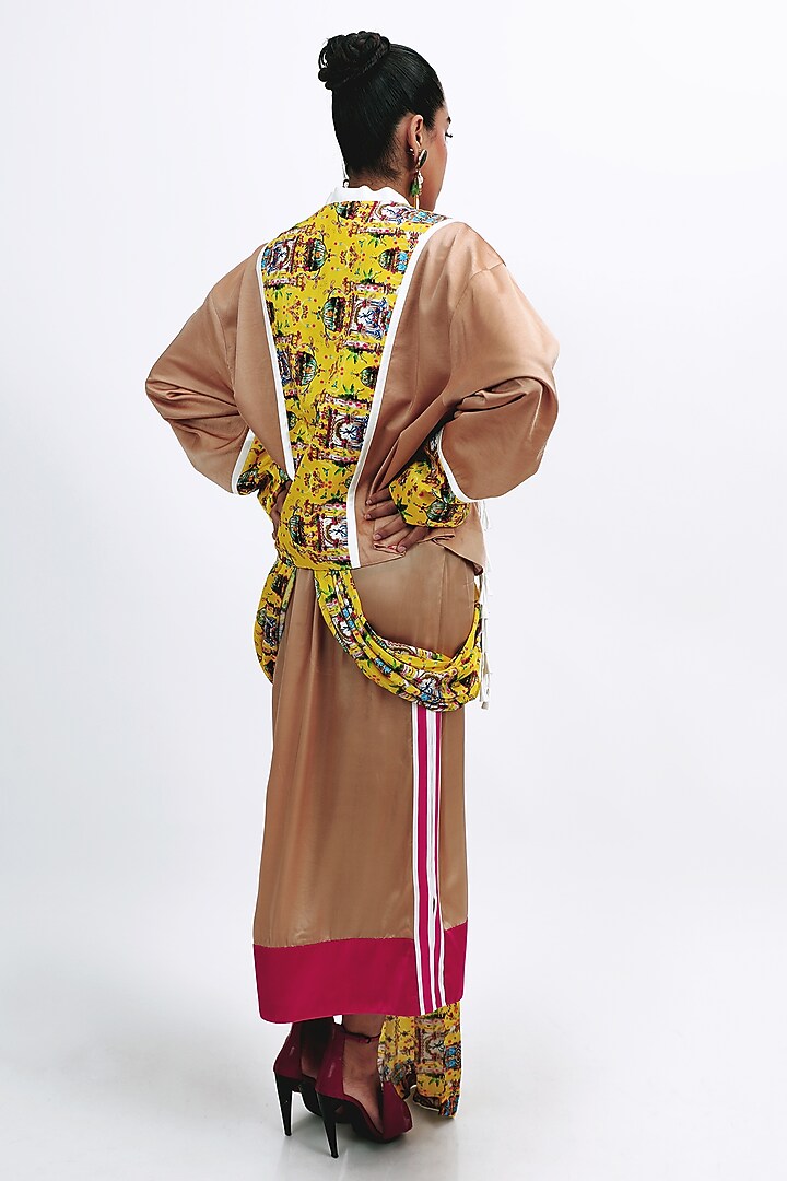 Camel Brown Silk Monument Printed Jacket Set by SAIM at Pernia's Pop Up Shop
