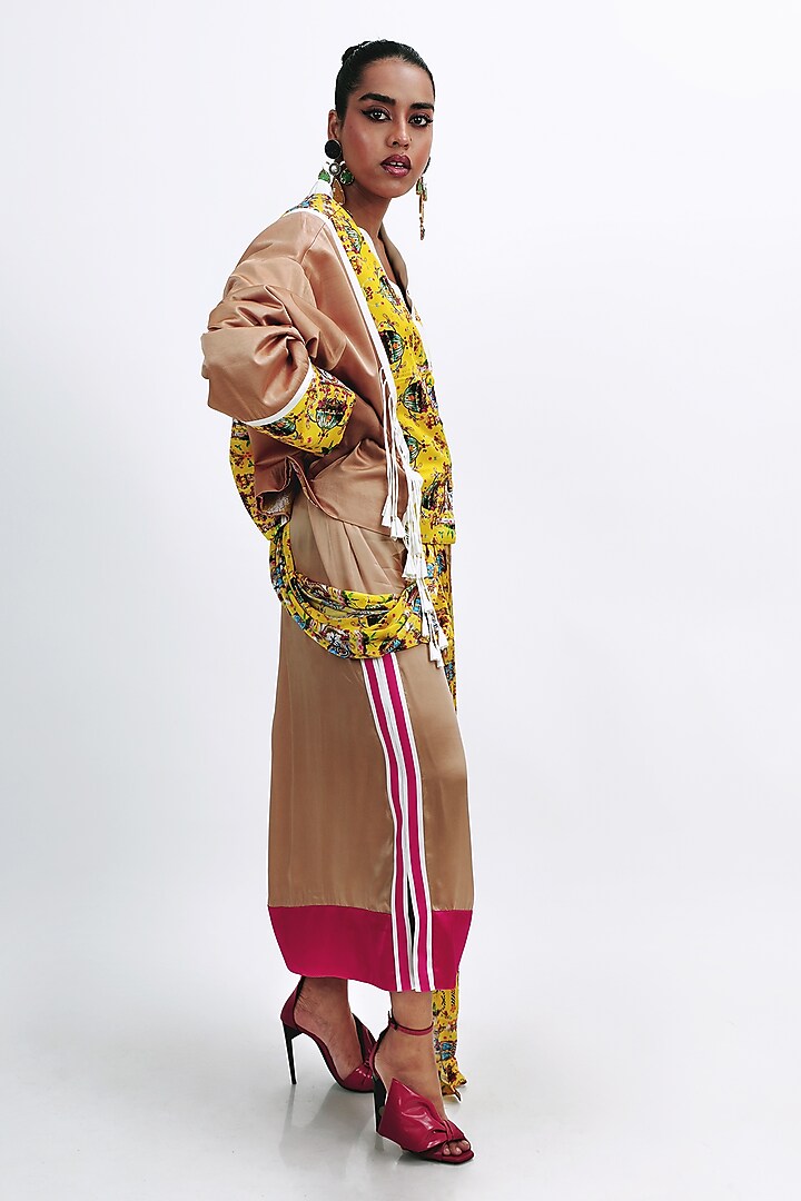 Camel Brown Silk Monument Printed Jacket Set by SAIM at Pernia's Pop Up Shop