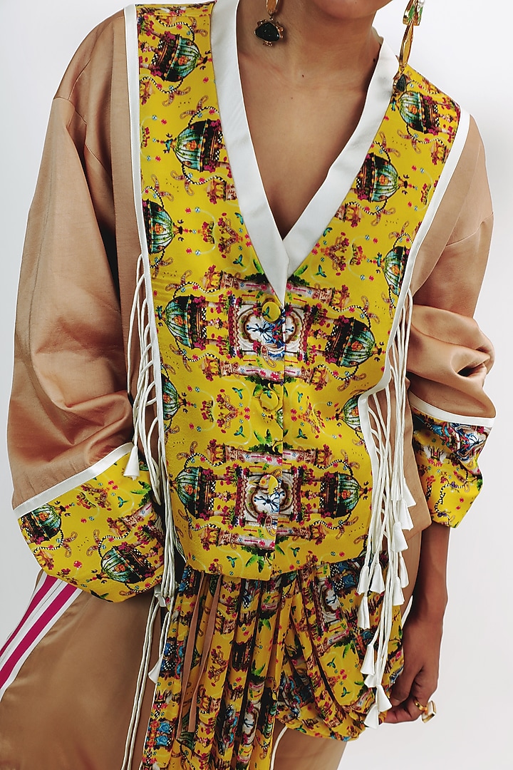 Camel Brown Silk Monument Printed Jacket Set by SAIM at Pernia's Pop Up Shop