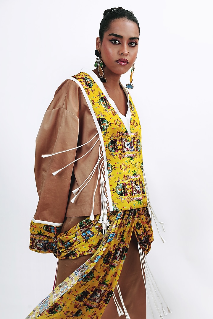 Camel Brown Silk Monument Printed Jacket Set by SAIM at Pernia's Pop Up Shop