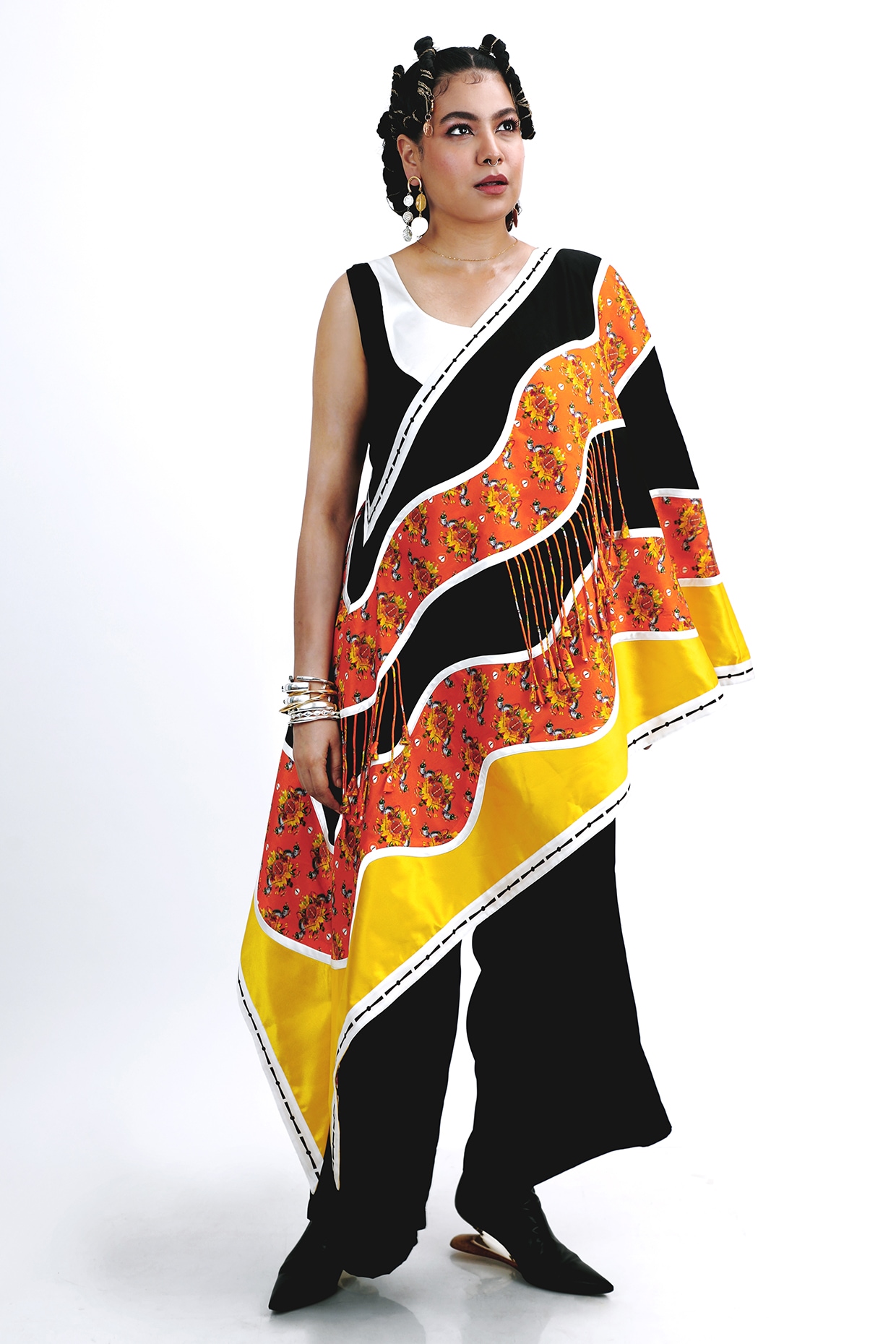 SAIM Black Silk Floral Printed One-Shoulder Co-Ord Set