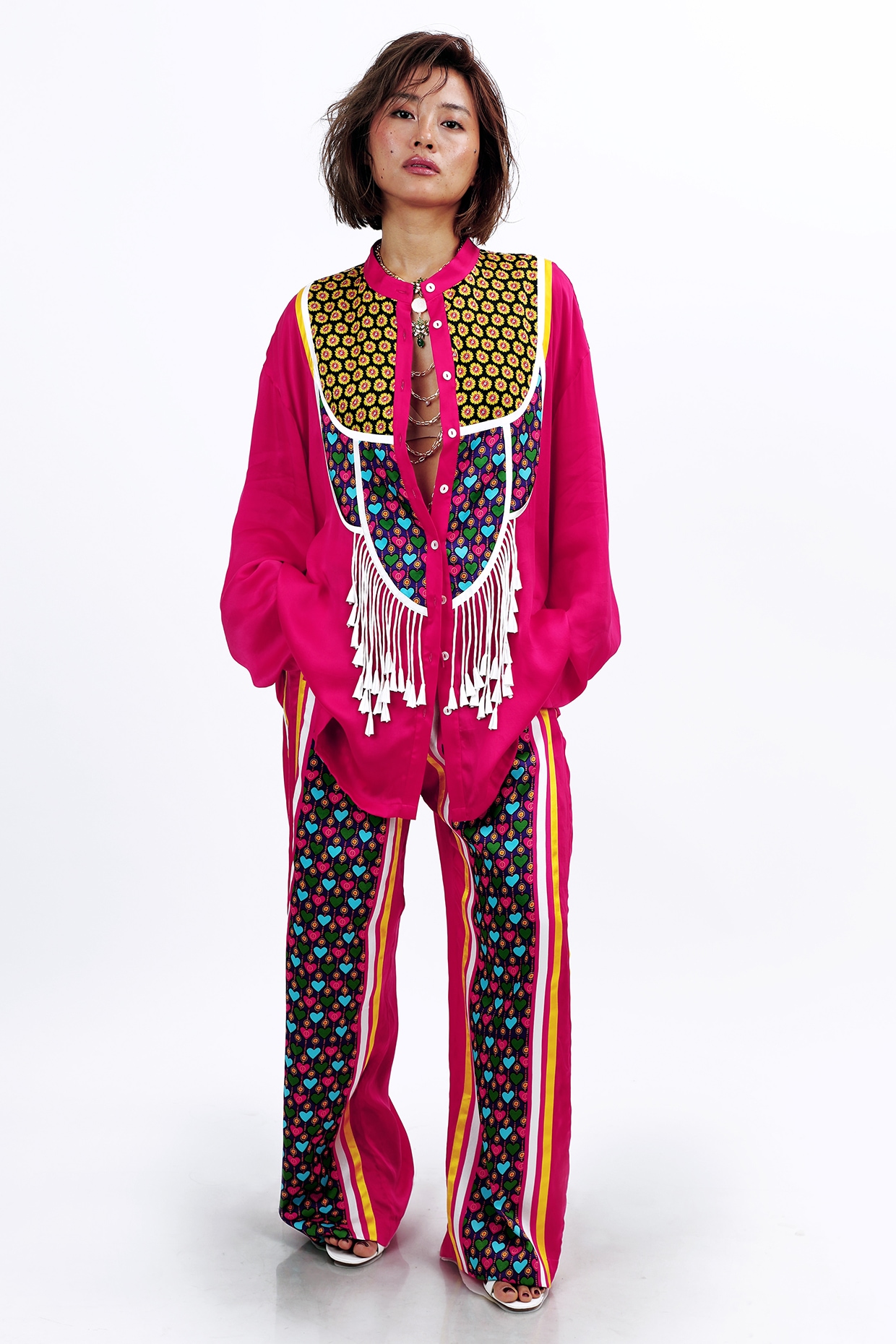 SAIM Fuschia Pink Silk Sunflower & Heart Printed Co-Ord Set