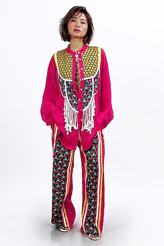 Fuschia Pink Silk Sunflower & Heart Printed Co-Ord Set by SAIM