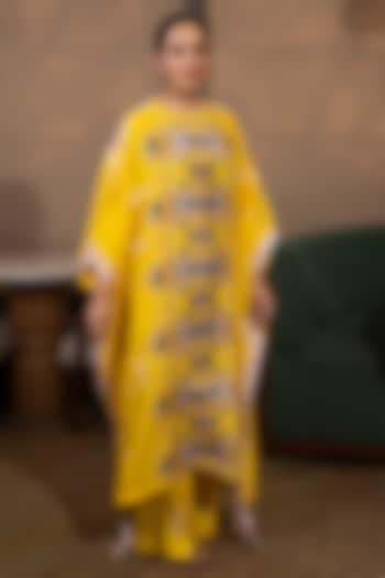 Mustard Yellow Silk Floral Printed Kaftan Set by SAIM at Pernia's Pop Up Shop