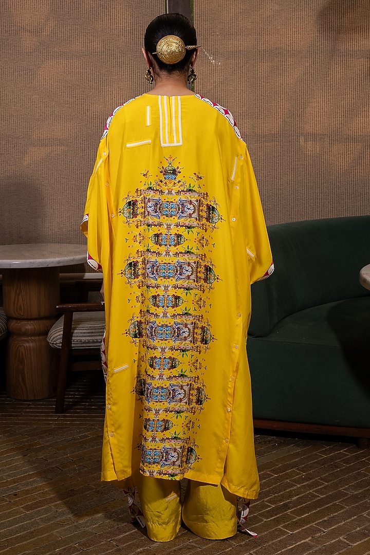 Mustard Yellow Silk Floral Printed Kaftan Set by SAIM at Pernia's Pop Up Shop