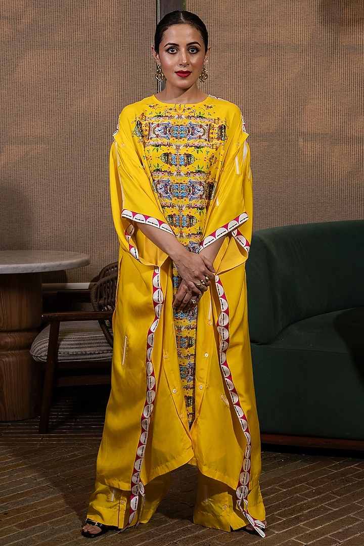Mustard Yellow Silk Floral Printed Kaftan Set by SAIM at Pernia's Pop Up Shop