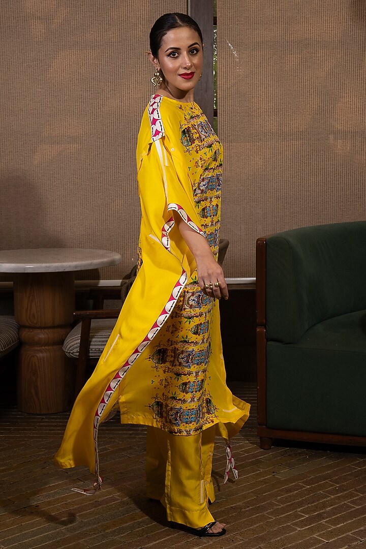 Mustard Yellow Silk Floral Printed Kaftan Set by SAIM at Pernia's Pop Up Shop
