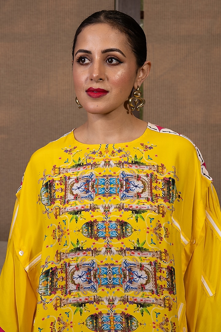 Mustard Yellow Silk Floral Printed Kaftan Set by SAIM at Pernia's Pop Up Shop