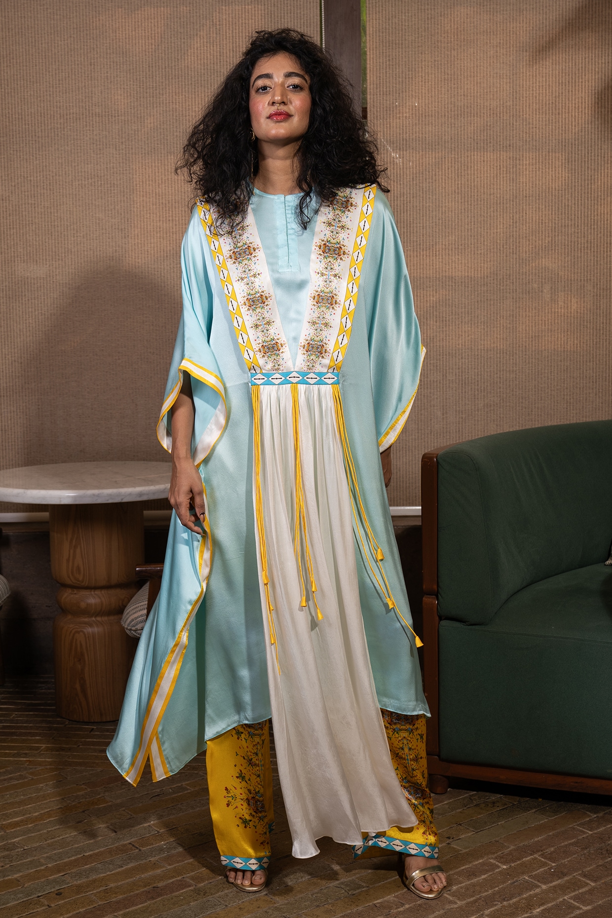 SAIM Sky Blue Silk Geometric Printed Kaftan Set