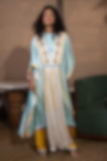 Sky Blue Silk Geometric Printed Kaftan Set by SAIM at Pernia's Pop Up Shop