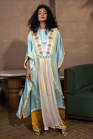 Sky Blue Silk Geometric Printed Kaftan Set by SAIM