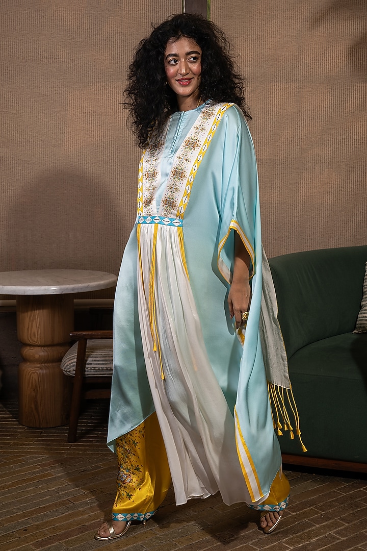 Sky Blue Silk Geometric Printed Kaftan Set by SAIM at Pernia's Pop Up Shop