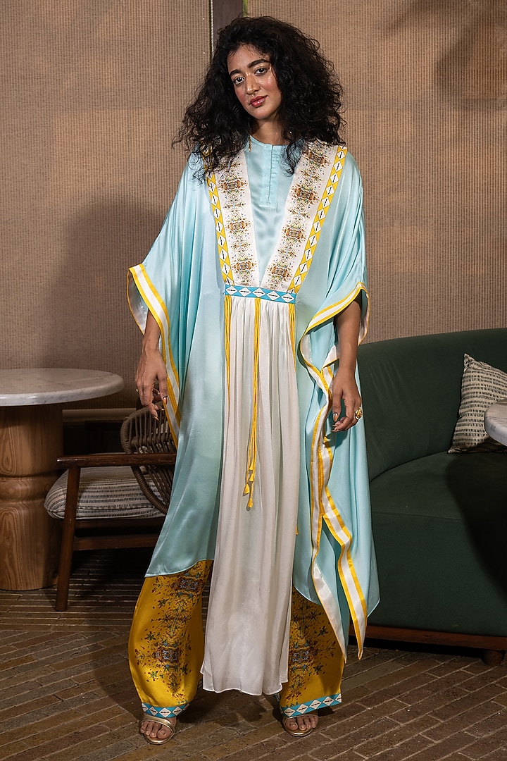 Sky Blue Silk Geometric Printed Kaftan Set by SAIM at Pernia's Pop Up Shop