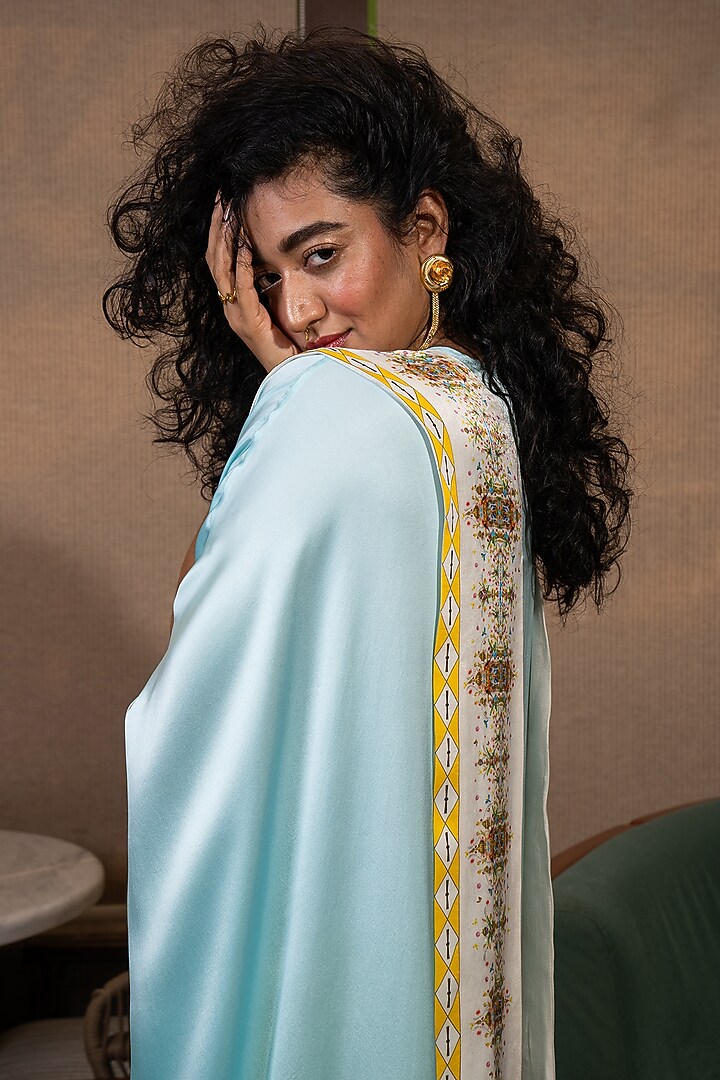 Sky Blue Silk Geometric Printed Kaftan Set by SAIM at Pernia's Pop Up Shop